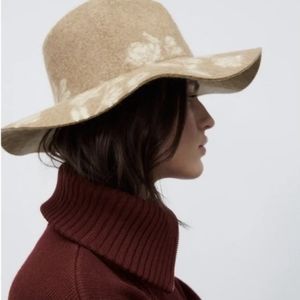 Zara Cream-Tan Patterned Wide Brim Wool Hat